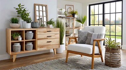 Modern Living Room Interior Design with Light Wood Cabinet Armchair Plants