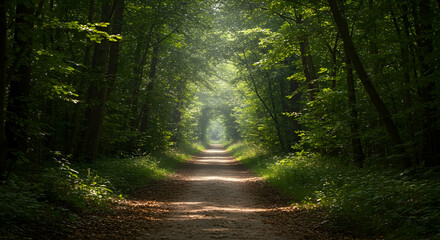 Sunlit Forest Path Tranquil Nature Trail Scenic Woods Hiking Journey Green Canopy Sunlight Trees Woodland Landscape Exploration Adventure