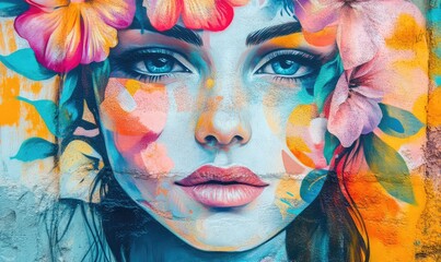 Obraz premium Mural street art with abstract pastel woman faces and flowers. AI generated illustration.