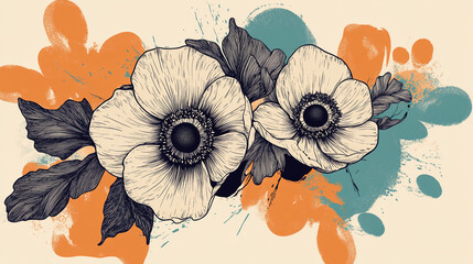 Detailed illustration of two anemones with dark leaves, set against an abstract background of orange and teal paint splatters Free space for text or logo