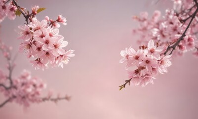 Obraz premium Delicate pink cherry blossoms descend on a pastel backdrop , springtime, spring flowers, petals