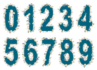 Teal azure blue and yellow watercolor flower and rose numbers with green foliage. Set contains the numbers 0, 1, 2, 3, 4, 5, 6, 7, 8 and 9. High-resolution and isolated on a blank background.