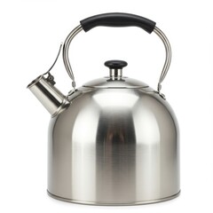 A shiny metal kettle with a black handle and spout is displayed on a white background in a studio shot