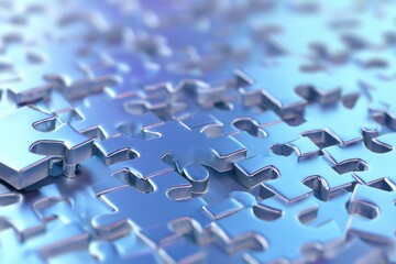 Close-up of metallic blue puzzle pieces scattered randomly.