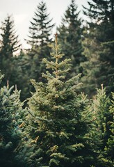 a young christmas tree stands prominently among a dense field of similar evergreens under a softly lit sky.