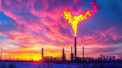 Fiery gas flare towers over an industrial plant silhouetted by a dramatic sunset sky