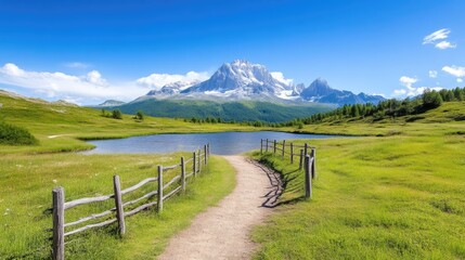 Fototapeta premium Serene mountain lake vista. A picturesque pathway leads to a tranquil alpine lake nestled amidst lush green meadows, with snow-capped peaks in the background
