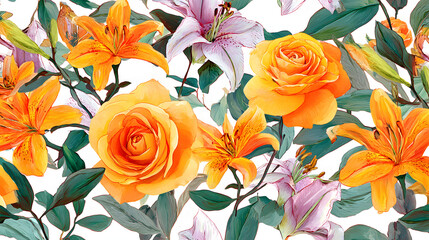 seamless floral pattern with orange roses and lilies, watercolor hand drawing, blooming flowers background illustration for wedding
