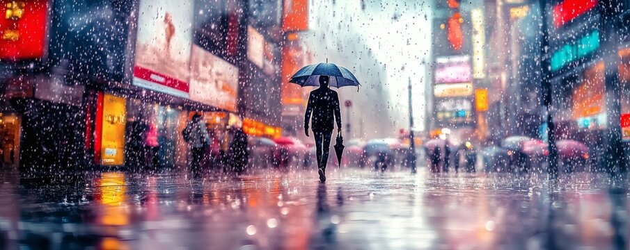 A person walks in rain under an umbrella in a city street