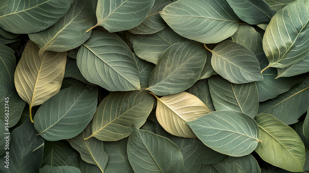 Aufkleber close-up of overlapping green leaves, showcasing intricate vein patterns, creating a lush and natura