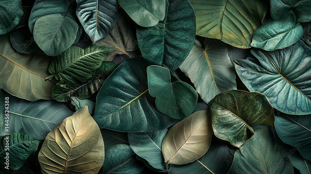 Poster close-up of various dark-green leaves, creating a lush and textured background, symbolizing nature, 