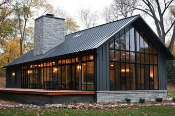Obraz premium Modern architecture blends with nature in a stunning home with large windows and a cozy chimney surrounded by autumn foliage