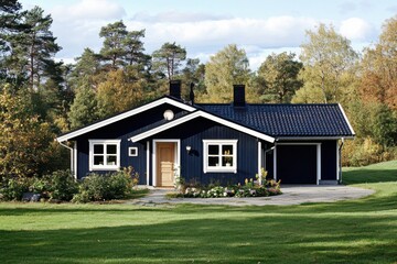 Nestled in a tranquil rural area, a delightful blue wooden house stands amidst vibrant autumn foliage. The serene surroundings feature a meticulously maintained garden and a clear blue sky.