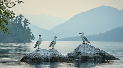 Serene Coastal Birds on Rocky Isles: A Tranquil Mountain Lake Panorama