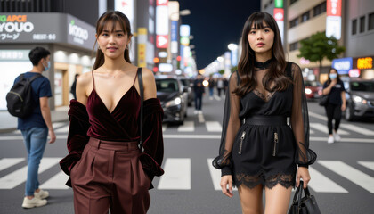 Two stylish women walk confidently on a busy, illuminated city street at night, surrounded by people and vibrant storefronts.