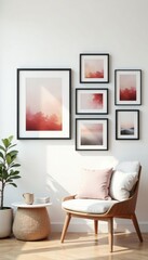 Minimalist gallery wall with black frames against a white backdrop, neutral tones, interior design, modern living room