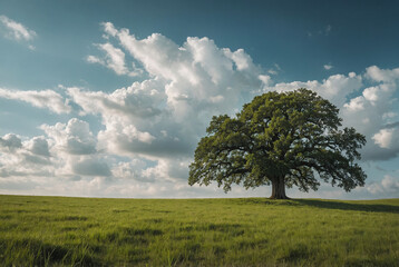 Fototapeta premium Lone Oak Tree in Vast Green Meadow - Soft Clouds & Peaceful Minimalism for Calming Wall Art & Meditation Content