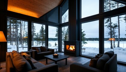 Fototapeta premium Cozy cabin interior, winter view