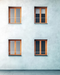 Fototapeta premium Modern building facade featuring four wooden window frames against a light blue wall