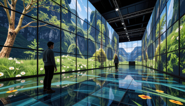 A man stands in a digital room with floor-to-ceiling screens displaying a lush mountain landscape and flowers.