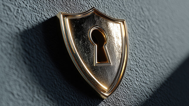 A shield with a keyhole. Threat cybersecurity thin line protection lock concept. Blank social securit card keymaster