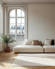 Stylish living room interior with large windows and minimalist decor in a Parisian apartment