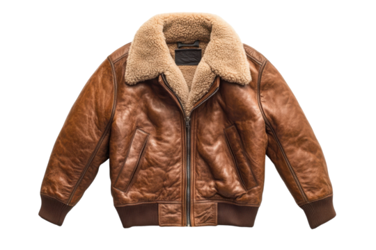 Rich brown leather bomber jacket shearling collar classic aviator style Warm soft feel