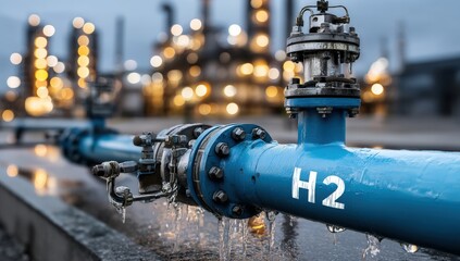 A blue hydrogen pipeline with valves at an industrial facility, featuring water condensation and blurred lights in the background, Net Zero Emissions .