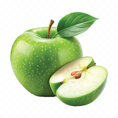 realistic 3d fresh green apple with leaf and slice isolated on transparent background