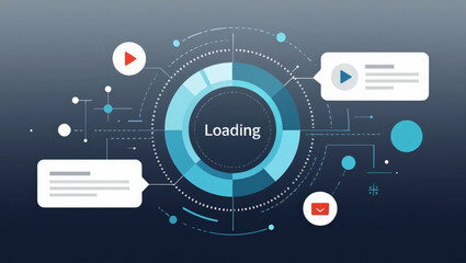 A digital loading graphic featuring a circular progress indicator, chat bubbles, and streaming icons in a blue and gray color scheme.