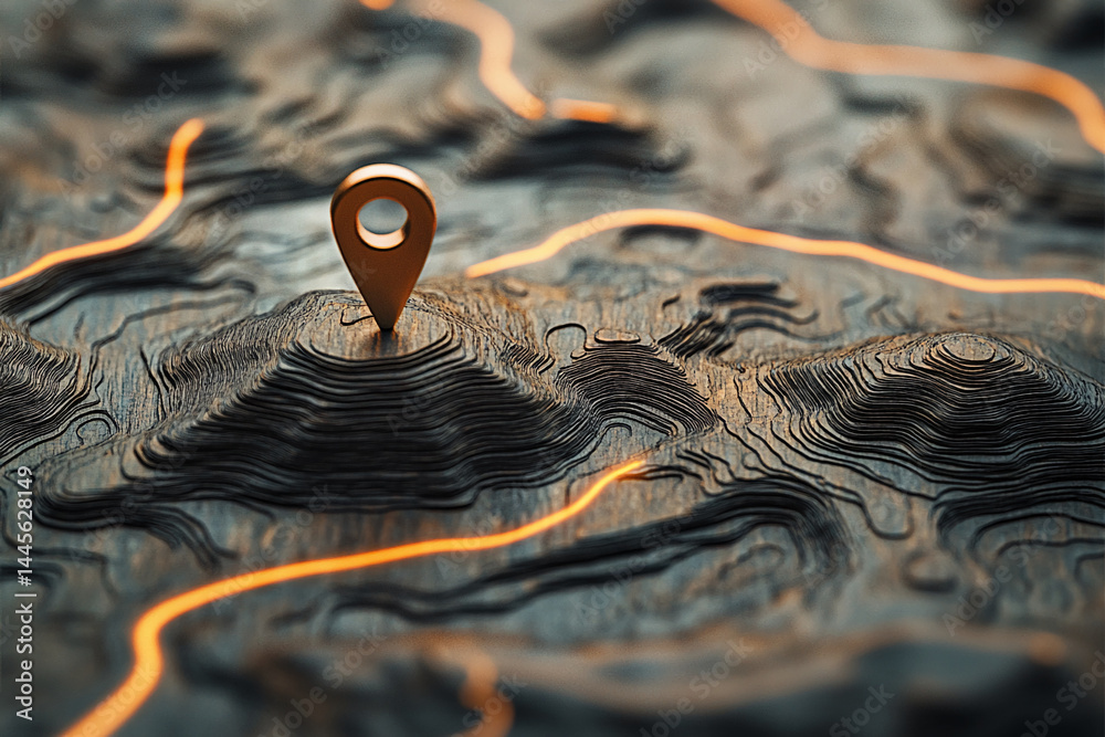 Poster golden location pin on a dark, textured 3d relief map with orange lines, showcasing navigation, jour