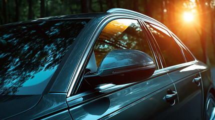 Fototapeta premium Tinted side view of a car window covered with ceramic film for heat rejection and UV protection on on the car window glass surface