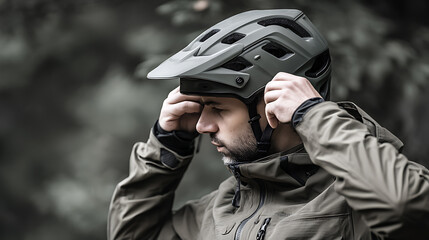 Cyclist Adjusting Helmet in Nature, Safety First