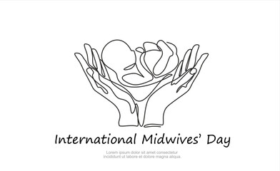 International midwives day. Continuous one line drawing of hands holding a newborn baby. Concept of protect child, save child. Editable stroke.