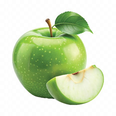 realistic 3d fresh green apple with leaf and slice isolated on transparent background