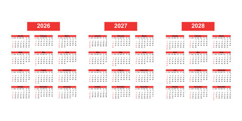 Set. Calendar for 2026, calendar for 2027, calendar for 2028. The calendar week starts on Sunday. Vector corporate design template.