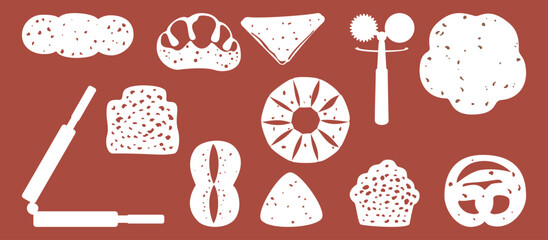 Bakery and fresh pastry pattern set. Collection of homemade bread, buns, baguettes, and assortments. Bakery and shop. Flat illustration vector elements. Isolated. Simple, colorful graphic background.
