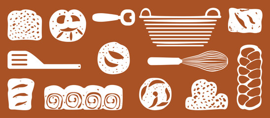 Bakery and fresh pastry pattern set. Collection of homemade bread, buns, baguettes, and assortments. Bakery and shop. Flat illustration vector elements. Isolated. Simple, colorful graphic background.
