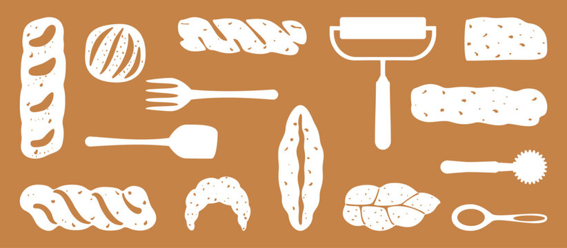 Bakery and fresh pastry pattern set. Collection of homemade bread, buns, baguettes, and assortments. Bakery and shop. Flat illustration vector elements. Isolated. Simple, colorful graphic background.
