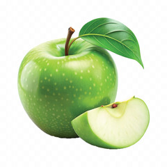 realistic 3d fresh green apple with leaf and slice isolated on transparent background