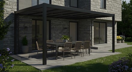 Modern Black Aluminum Pergola with Patio Furniture Creates a Stunning Outdoor Oasis