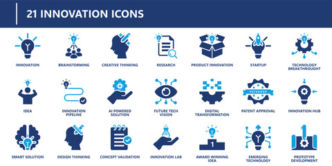 Innovation icons pack in solid style including idea, research, product innovation, AI solutions, digital transformation, patent, and prototype.