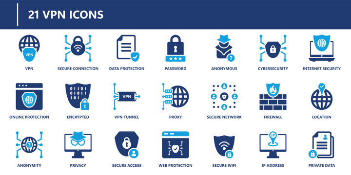 VPN icons pack in solid style including secure connection, proxy, firewall, privacy, data protection, encrypted, IP address, and secure wifi.