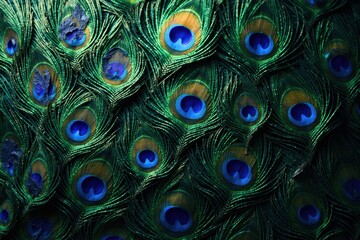 A Detailed Close-Up View of Vivid Peacock Feathers Displaying Intricate Patterns and Luminous Colors