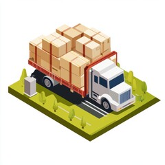 Delivery truck loaded with cardboard boxes, depicted in an isometric city environment for shipping and logistics.