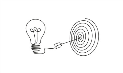Continuous one line drawing of light bulb with a dart board. Startup idea creative imagination jackpot highest point goals and winning education or business success. Editable stroke.  © mitay20