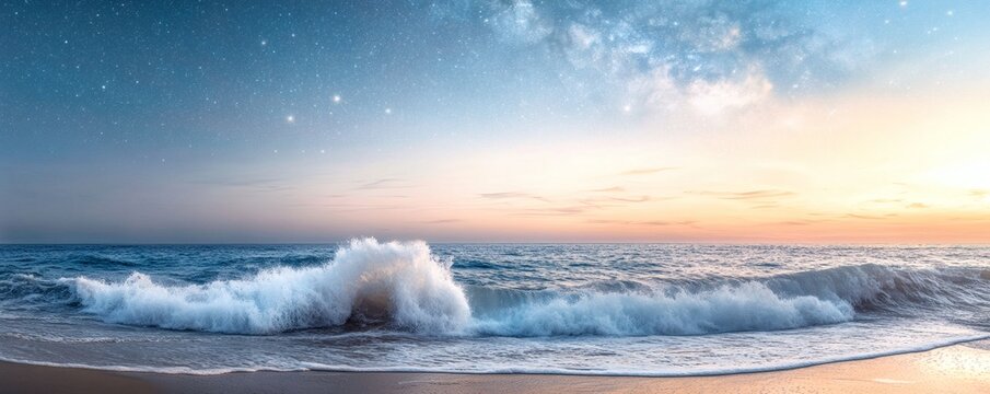 Majestic ocean waves crashing towards a sandy beach at twilight