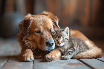 Cute puppy and kitten cuddling in heartwarming display of affection  