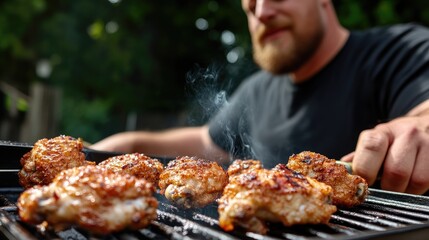 Delicious grilled chicken wings sizzling on a barbecue.  Close-up view of the food being cooked. Outdoor cooking in progress