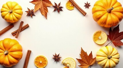 Autumnal Harvest Scene  Gourds, Spices, and Dried Citrus Frame a Blank Space Ideal for Text or Design